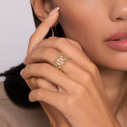 14K Yellow Gold Diamond and Bujukan Beads Wide Band Ring