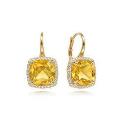 14K Yellow Gold Diamond and Citrine Cushion Cut Earrings With Flower Pattern J-Back