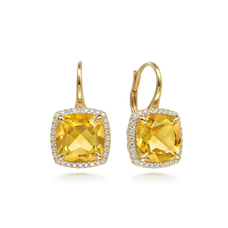 14K Yellow Gold Diamond and Citrine Cushion Cut Earrings With Flower Pattern J-Back