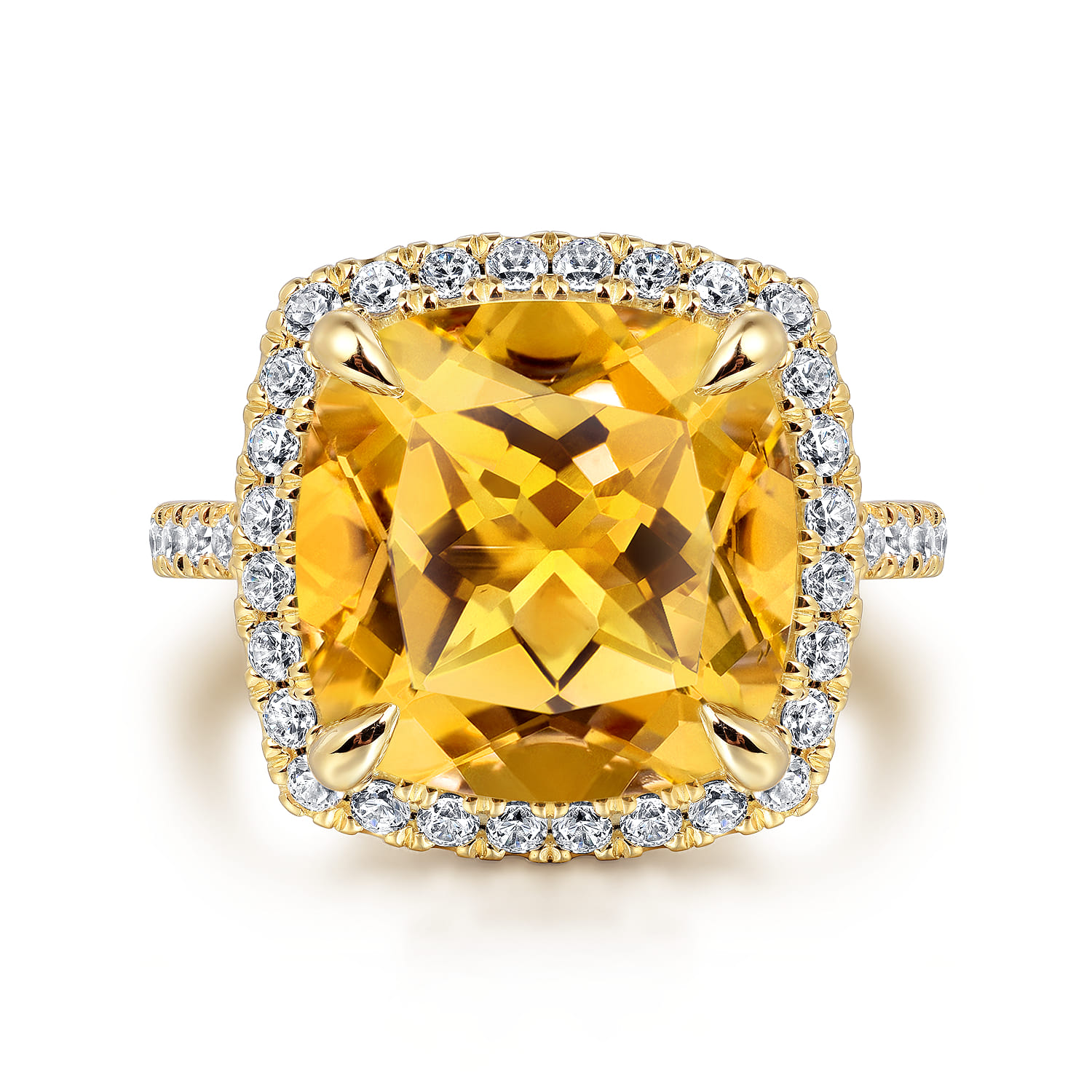 14K Yellow Gold Diamond and Citrine Cushion Cut Ladies Ring With Flower Pattern Gallery - 0.6 ct - Shot 1
