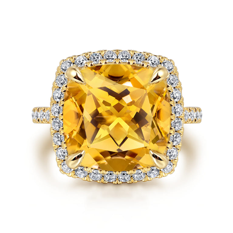 14K Yellow Gold Diamond and Citrine Cushion Cut Ladies Ring With Flower Pattern Gallery - 0.6 ct - Shot 1