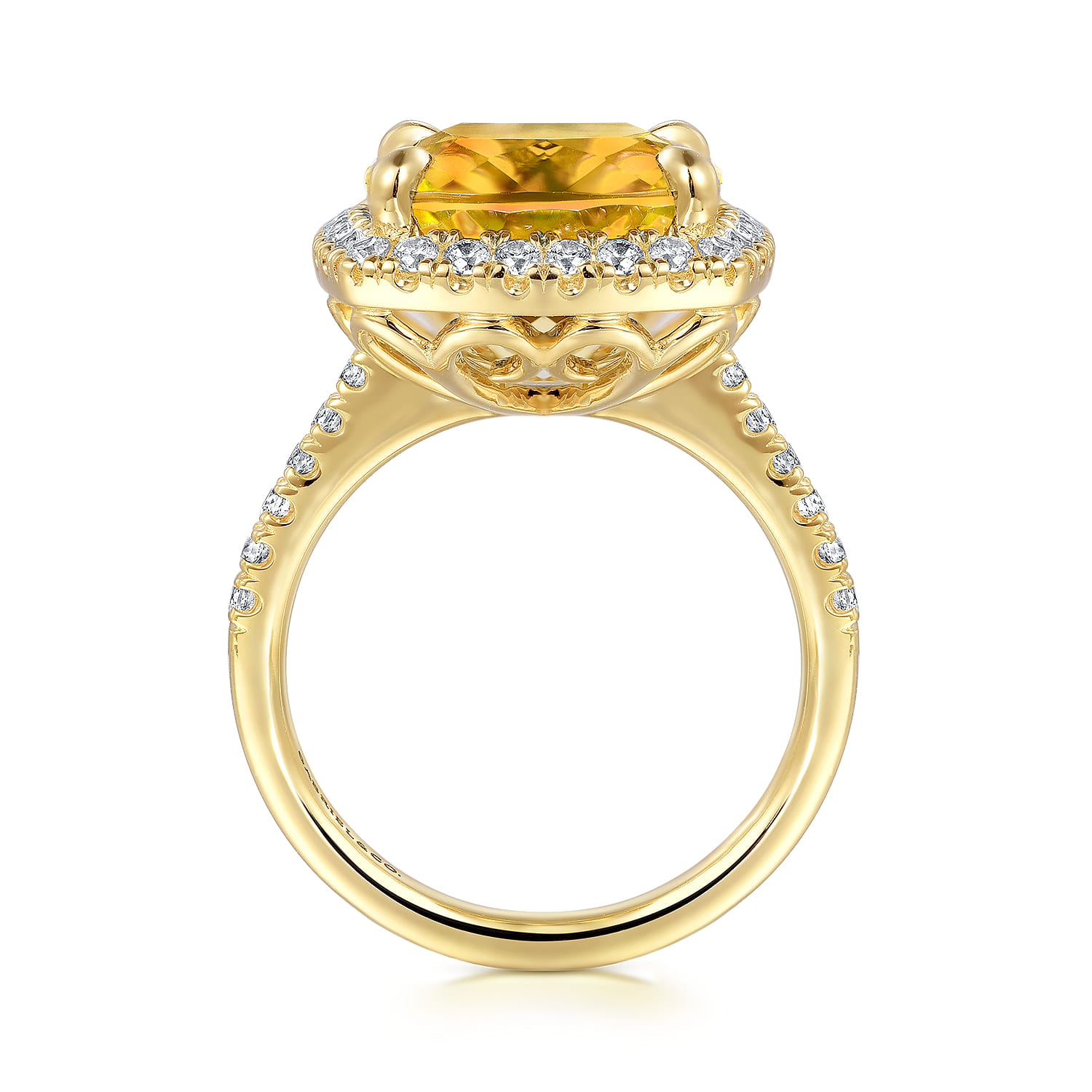 14K Yellow Gold Diamond and Citrine Cushion Cut Ladies Ring With Flower Pattern Gallery - 0.6 ct - Shot 2