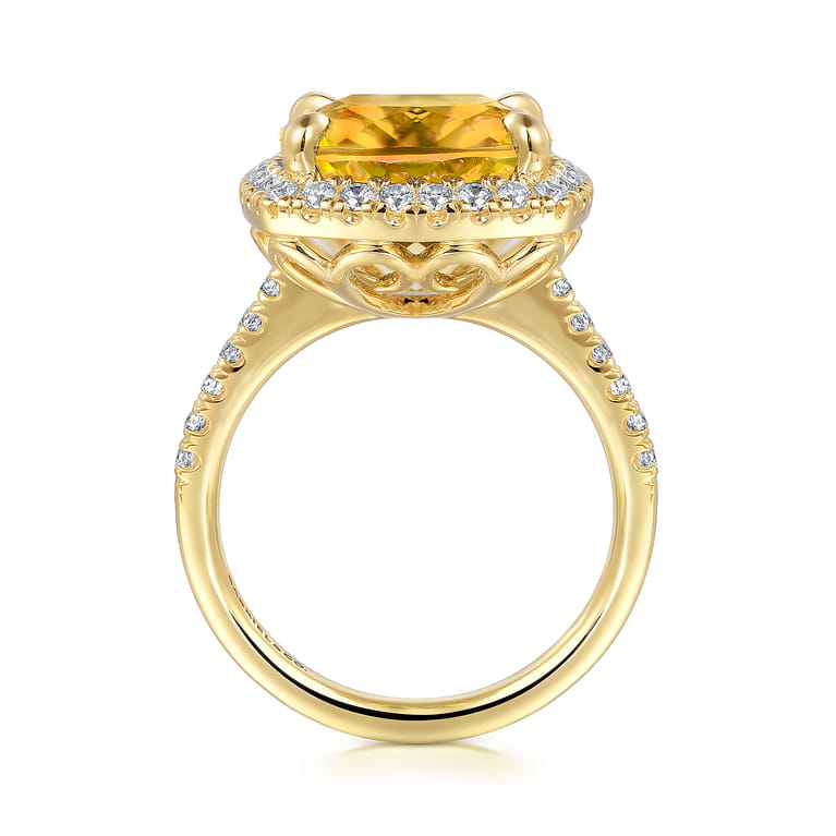 14K Yellow Gold Diamond and Citrine Cushion Cut Ladies Ring With Flower Pattern Gallery - 0.6 ct - Shot 2