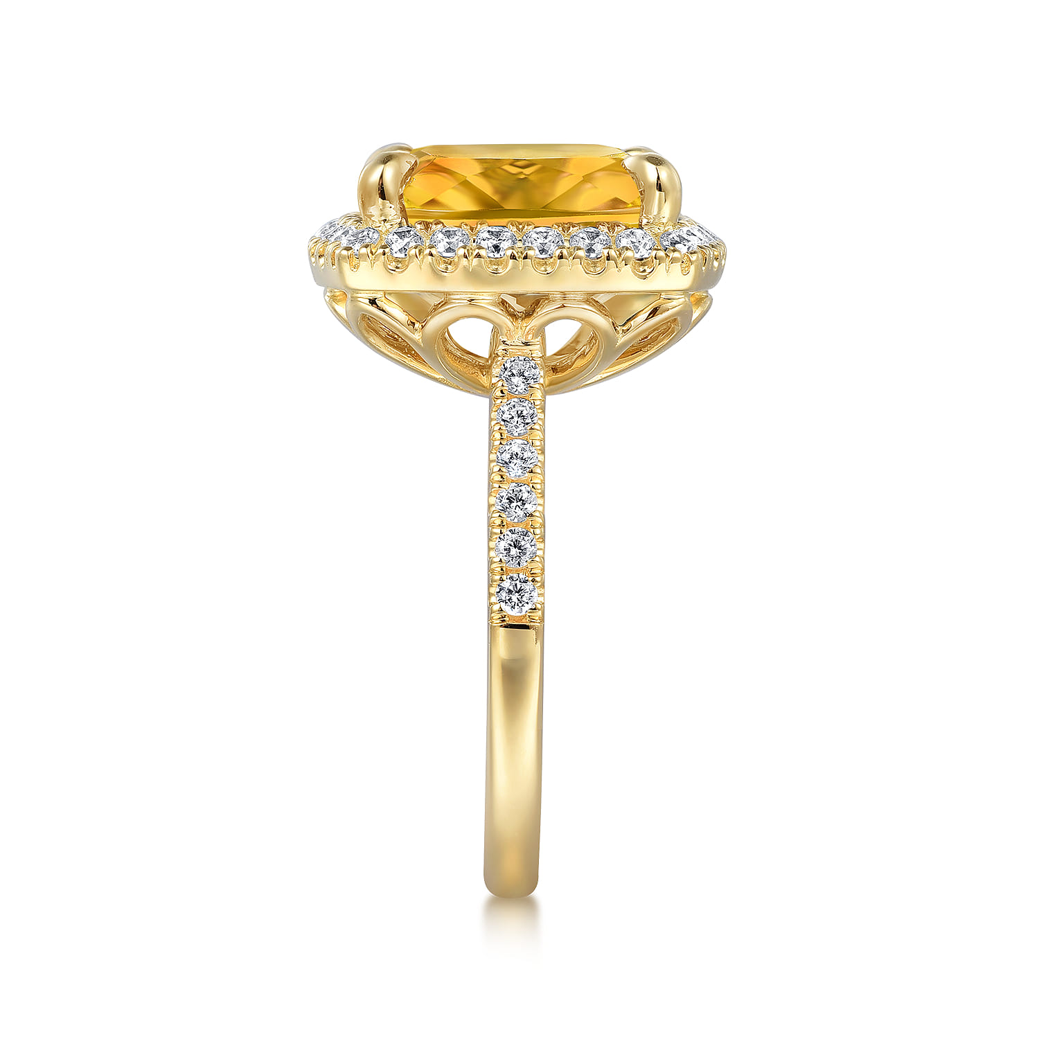 14K Yellow Gold Diamond and Citrine Cushion Cut Ladies Ring With Flower Pattern Gallery - 0.6 ct - Shot 4