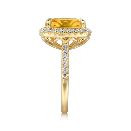 14K Yellow Gold Diamond and Citrine Cushion Cut Ladies Ring With Flower Pattern Gallery