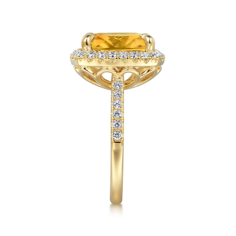 14K Yellow Gold Diamond and Citrine Cushion Cut Ladies Ring With Flower Pattern Gallery - 0.6 ct - Shot 4