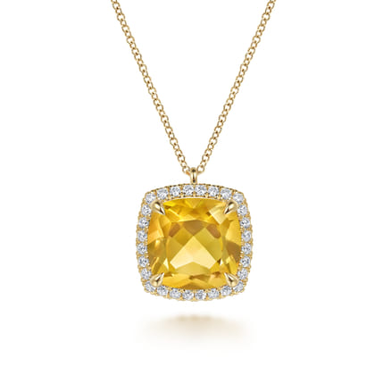 14K Yellow Gold Diamond and Citrine Cushion Cut Necklace With Flower Pattern J-Back
