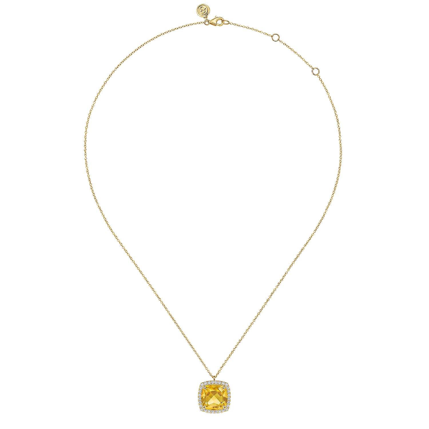 14K Yellow Gold Diamond and Citrine Cushion Cut Necklace With Flower Pattern J-Back - 0.42 ct - Shot 2