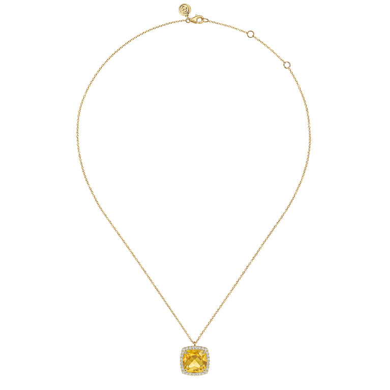 14K Yellow Gold Diamond and Citrine Cushion Cut Necklace With Flower Pattern J-Back - 0.42 ct - Shot 2