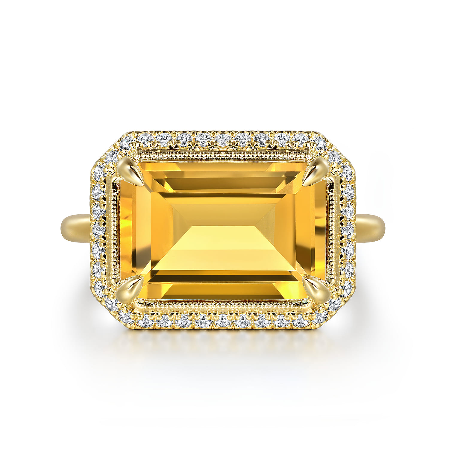 14K Yellow Gold Diamond and Citrine Emerald Cut Ladies Ring With Flower Pattern Gallery - 0.2 ct - Shot 1