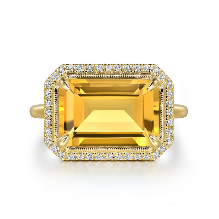 14K Yellow Gold Diamond and Citrine Emerald Cut Ladies Ring With Flower Pattern Gallery - 0.2 ct - Shot 1