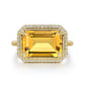 14K Yellow Gold Diamond and Citrine Emerald Cut Ladies Ring With Flower Pattern Gallery - 0.2 ct