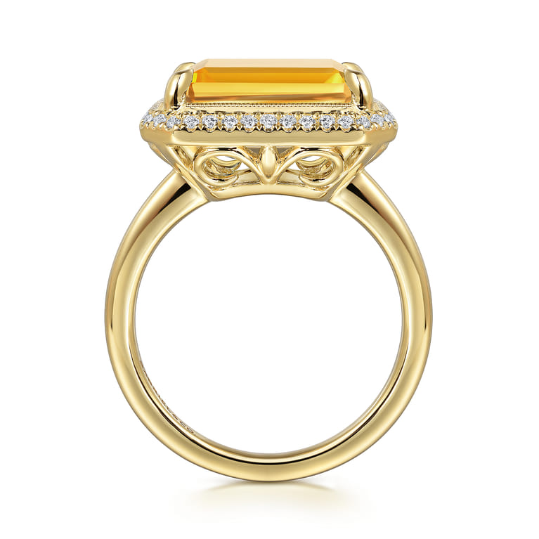 14K Yellow Gold Diamond and Citrine Emerald Cut Ladies Ring With Flower Pattern Gallery - 0.2 ct - Shot 2