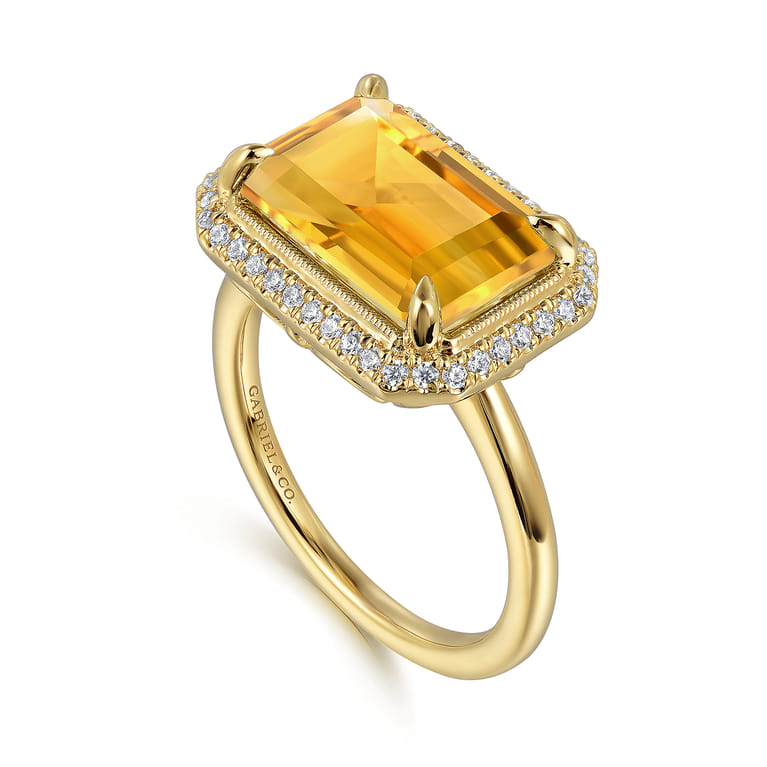 14K Yellow Gold Diamond and Citrine Emerald Cut Ladies Ring With Flower Pattern Gallery - 0.2 ct - Shot 3