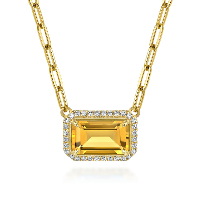 14K Yellow Gold Diamond and Citrine Emerald Cut Necklace With Flower Pattern Gallery - 0.5 ct - Shot 1