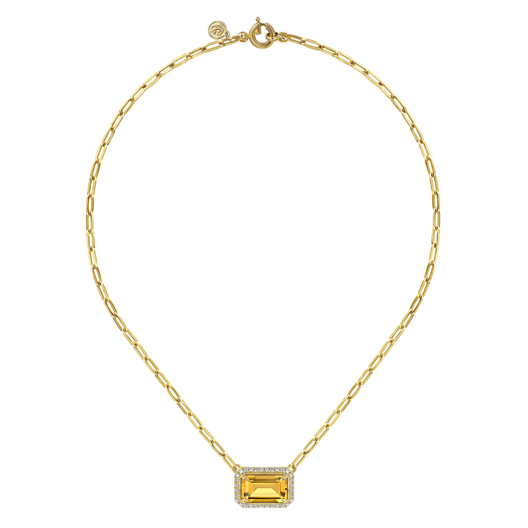 14K Yellow Gold Diamond and Citrine Emerald Cut Necklace With Flower Pattern Gallery - 0.5 ct - Shot 2