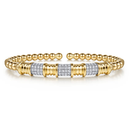 14K Yellow Gold Diamond and Diamond Cut Station Cuff Bangle Bracelet