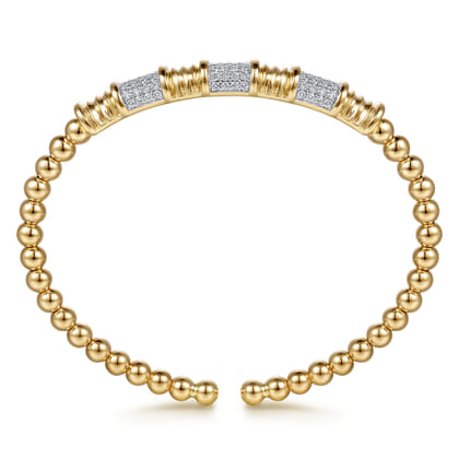 14K Yellow Gold Diamond and Diamond Cut Station Cuff Bangle Bracelet