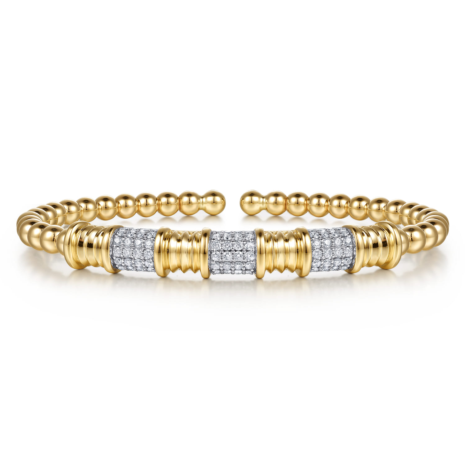 14K Yellow Gold Diamond and Diamond Cut Station Cuff Bangle Bracelet - 0.75 ct - Shot 1