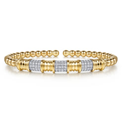 14K Yellow Gold Diamond and Diamond Cut Station Cuff Bangle Bracelet