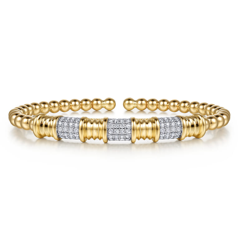 14K Yellow Gold Diamond and Diamond Cut Station Cuff Bangle Bracelet - 0.75 ct - Shot 1