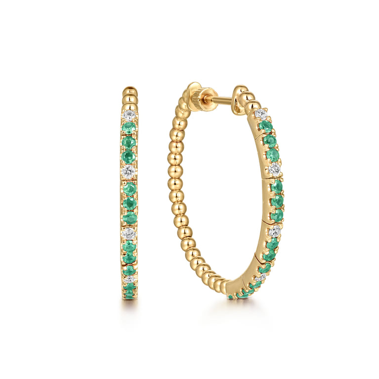 14K Yellow Gold Diamond and Emerald Bujukan 30mm Classic Hoop Earrings - 0.22 ct - Shot 1