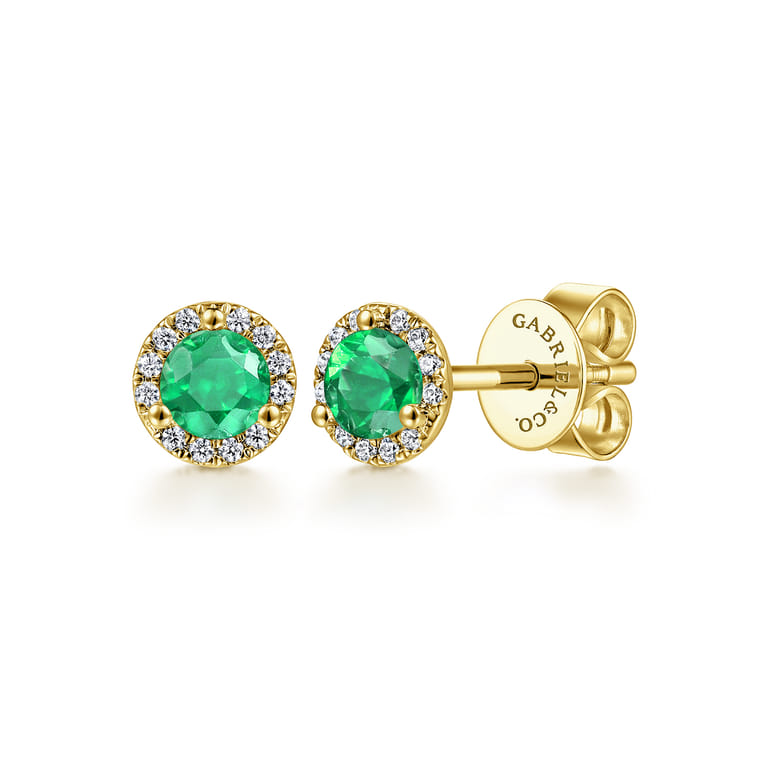14K Yellow Gold Diamond and Emerald Halo Stud Earrings - 0.09 ct - Shot 1