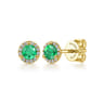 14K Yellow Gold Diamond and Emerald Halo Stud Earrings - 0.09 ct
