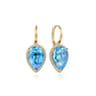 14K Yellow Gold Diamond and Flat Pear Blue Topaz Earrings With Flower Pattern J-Back - 0.33 ct