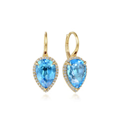 14K Yellow Gold Diamond and Flat Pear Blue Topaz Earrings with Flower Pattern J-Back