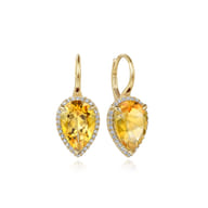 14K Yellow Gold Diamond and Flat Pear Citrine Earrings With Flower Pattern J-Back