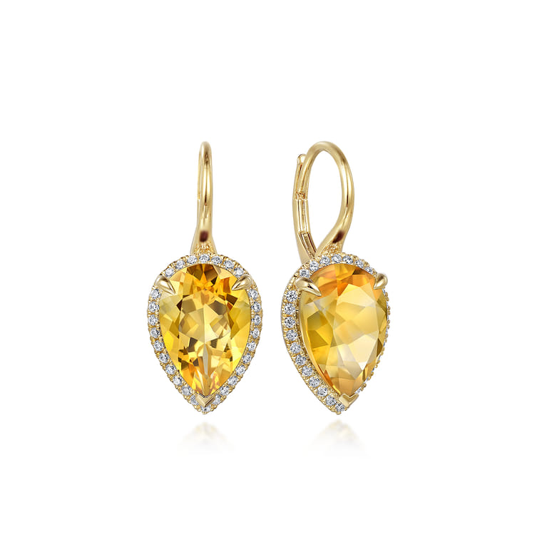 14K Yellow Gold Diamond and Flat Pear Citrine Earrings With Flower Pattern J-Back - 0.33 ct - Shot 1