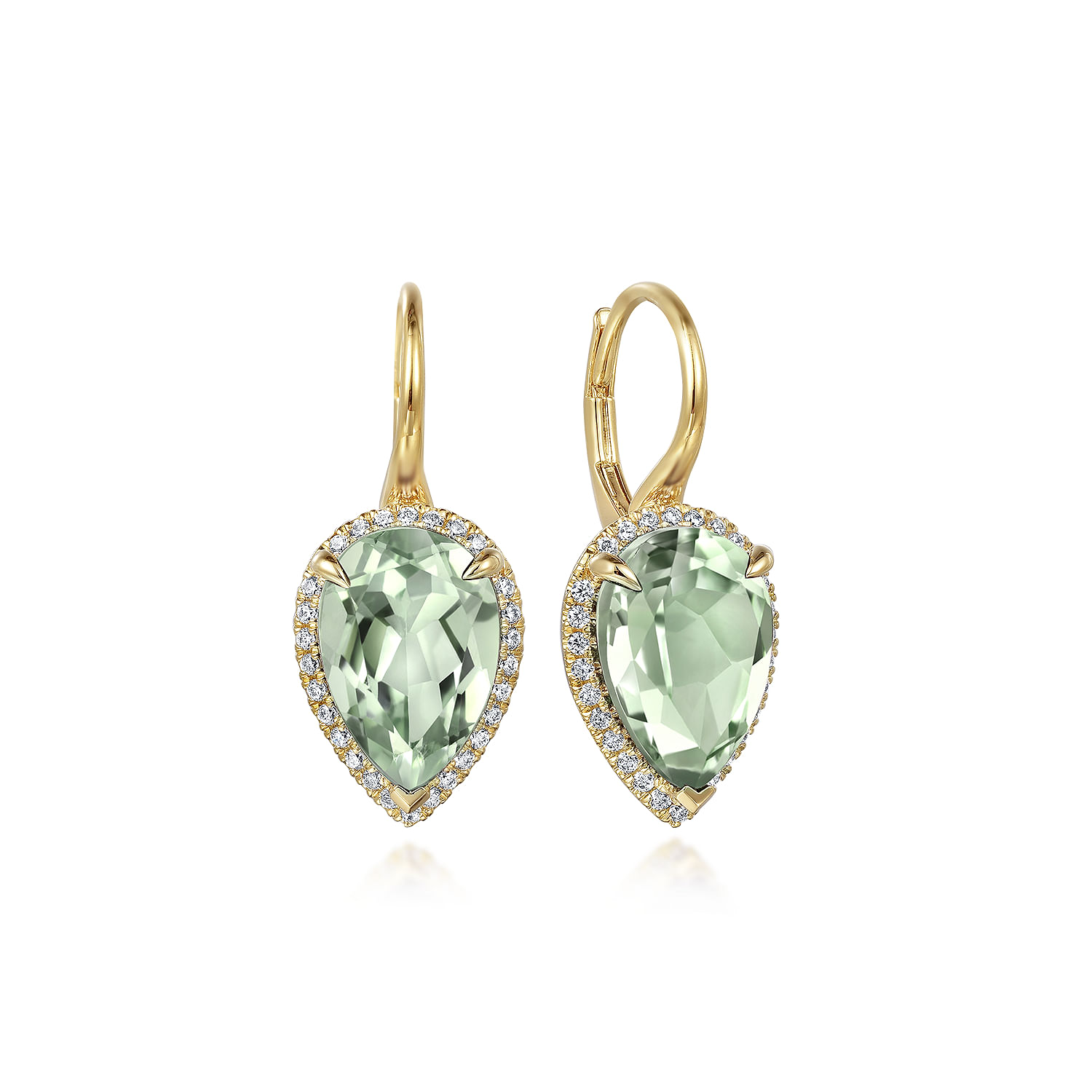 14K Yellow Gold Diamond and Flat Pear Green Amethyst Earrings With Flower Pattern J-Back