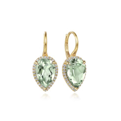 14K Yellow Gold Diamond and Flat Pear Green Amethyst Earrings With Flower Pattern J-Back