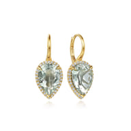 14K Yellow Gold Diamond and Flat Pear Green Amethyst Earrings With Flower Pattern J-Back