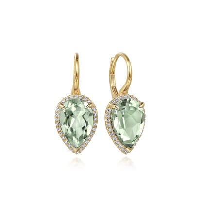 14K Yellow Gold Diamond and Flat Pear Green Amethyst Earrings With Flower Pattern J-Back