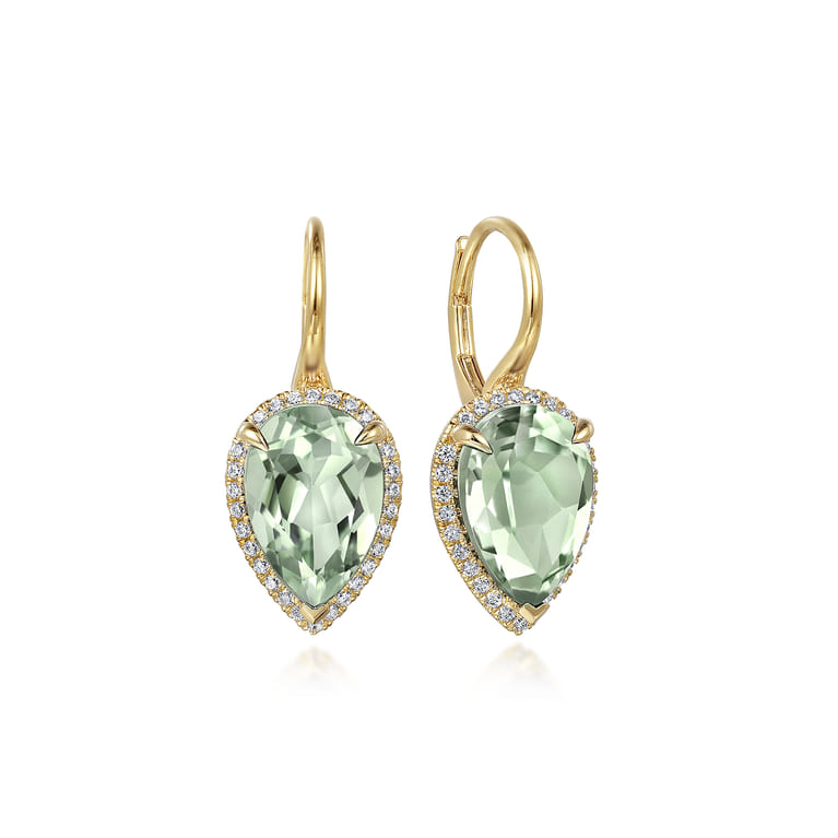 14K Yellow Gold Diamond and Flat Pear Green Amethyst Earrings With Flower Pattern J-Back - 0.33 ct - Shot 1