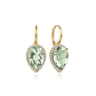 14K Yellow Gold Diamond and Flat Pear Green Amethyst Earrings With Flower Pattern J-Back - 0.33 ct