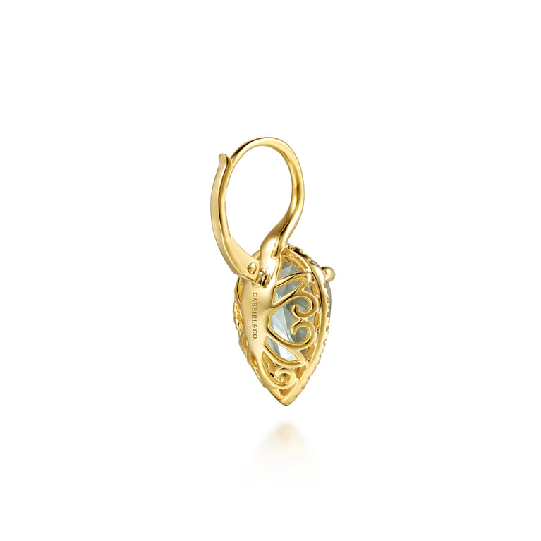 14K Yellow Gold Diamond and Flat Pear Green Amethyst Earrings With Flower Pattern J-Back - 0.33 ct - Shot 2