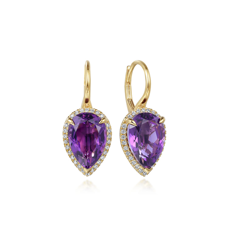 14K Yellow Gold Diamond and Flat Pear Shape Amethyst Earrings With Flower Pattern J-Back - 0.33 ct - Shot 1