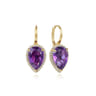 14K Yellow Gold Diamond and Flat Pear Shape Amethyst Earrings With Flower Pattern J-Back - 0.33 ct