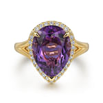 14K-Yellow-Gold-Diamond-and-Flat-Pear-Shape-Amethyst-Ladies-Ring-With-Flower-Pattern-Gallery1