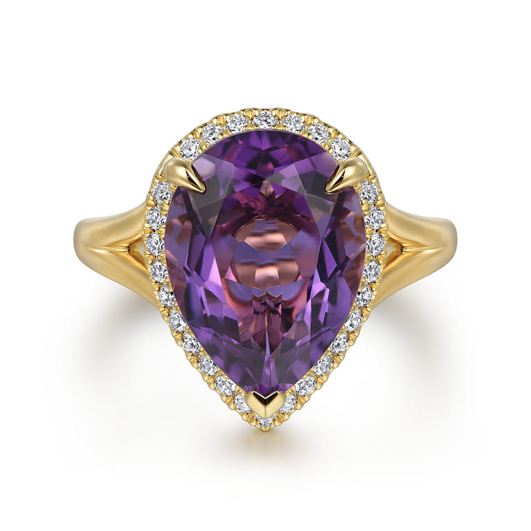 14K Yellow Gold Diamond and Flat Pear Shape Amethyst Ladies Ring With Flower Pattern Gallery - 0.21 ct - Shot 1