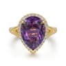 14K Yellow Gold Diamond and Flat Pear Shape Amethyst Ladies Ring With Flower Pattern Gallery - 0.21 ct