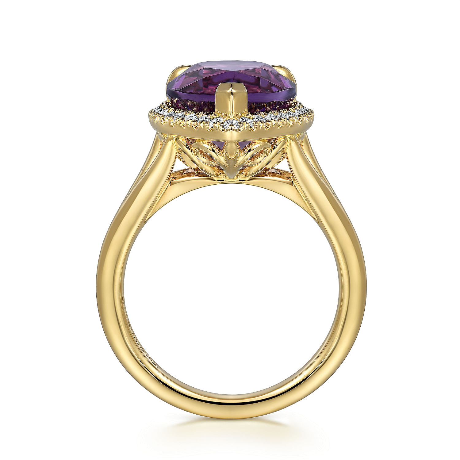 14K Yellow Gold Diamond and Flat Pear Shape Amethyst Ladies Ring With Flower Pattern Gallery - 0.21 ct - Shot 2