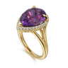 14K Yellow Gold Diamond and Flat Pear Shape Amethyst Ladies Ring With Flower Pattern Gallery - 0.21 ct