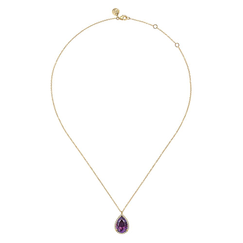 14K Yellow Gold Diamond and Flat Pear Shape Amethyst Necklace With Flower Pattern J-Back - 0.21 ct - Shot 2