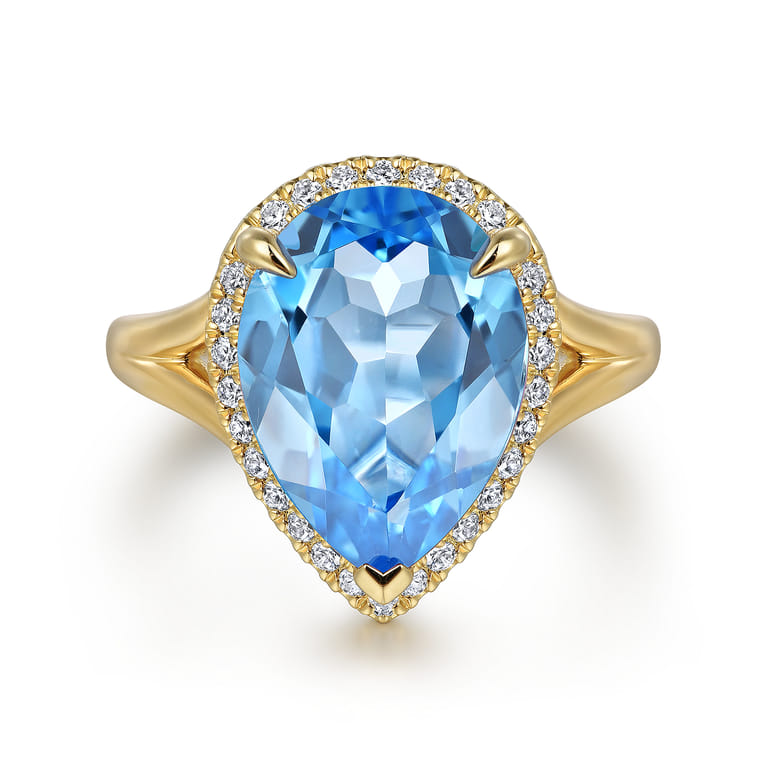 14K Yellow Gold Diamond and Flat Pear Shape Blue Topaz Ladies Ring With Flower Pattern Gallery - 0.21 ct - Shot 1