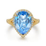 14K Yellow Gold Diamond and Flat Pear Shape Blue Topaz Ladies Ring With Flower Pattern Gallery - 0.21 ct