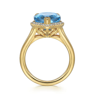 14K Yellow Gold Diamond and Flat Pear Shape Blue Topaz Ladies Ring With Flower Pattern Gallery